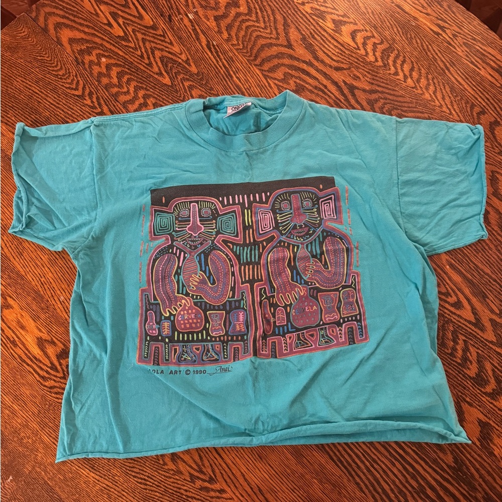 Vintage Cropped 1990 Mola Art Anai Tee - Teal, Size XL